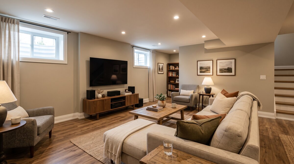 Finished GTA basement living space with waterproof vinyl plank flooring and cozy seating