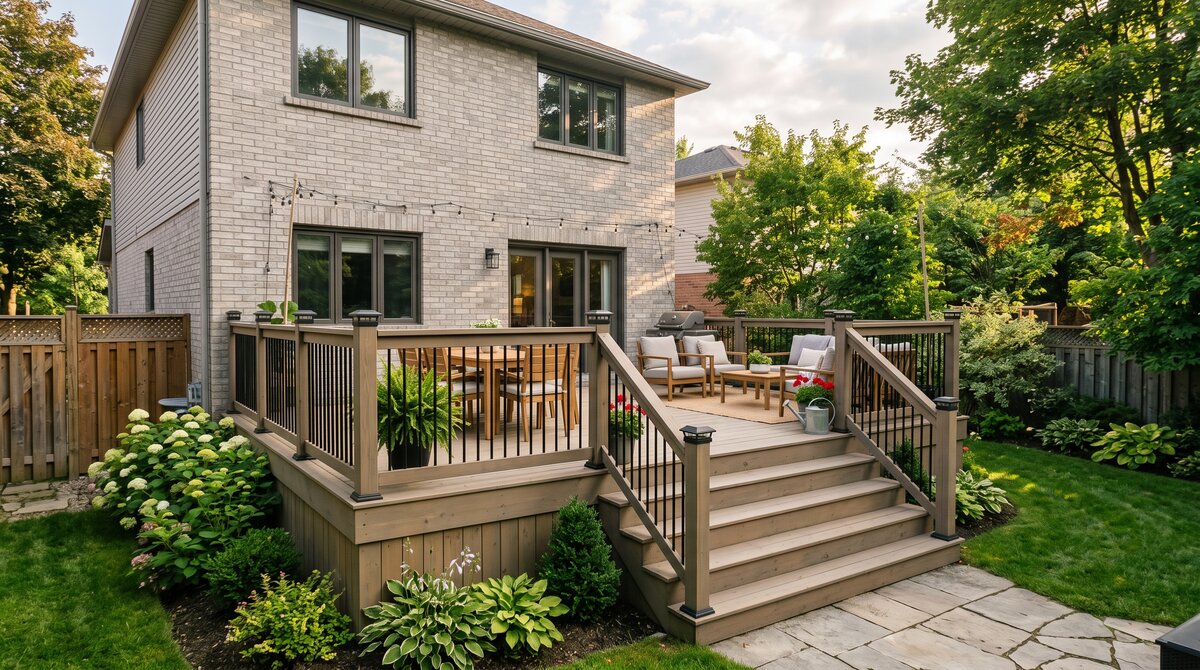 Finished backyard wood deck with railing and stairs attached to a GTA suburban home in summer light