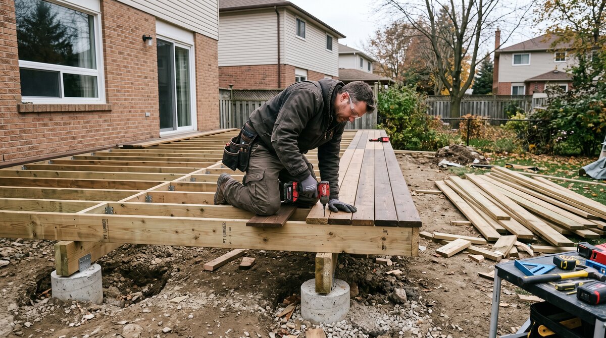 Backyard deck under construction showing pressure-treated joists and framing on concrete footings in a GTA yard