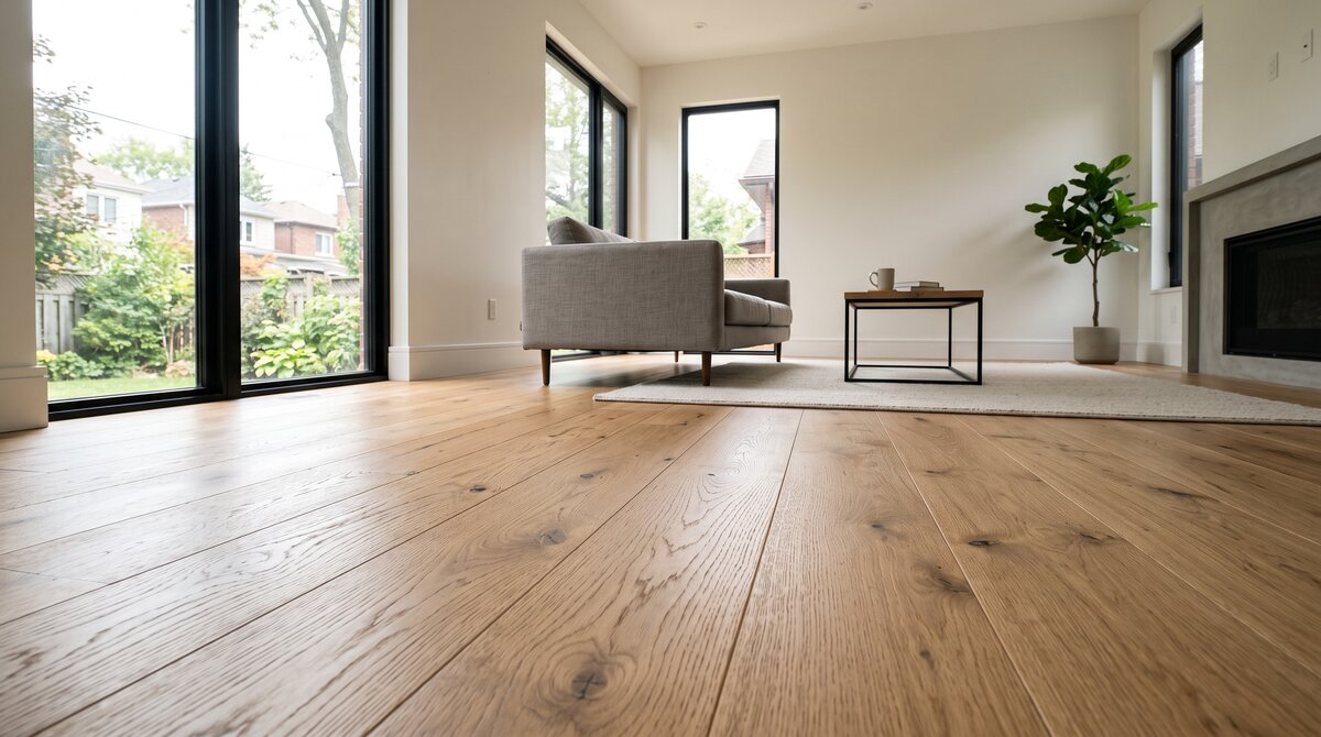 Warm wide-plank engineered hardwood flooring in a sunlit GTA living room showing wood grain detail