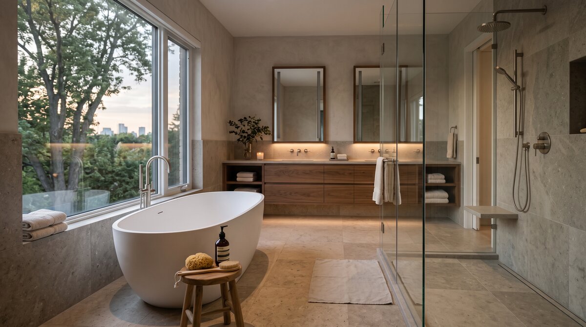 Finished GTA primary ensuite with a freestanding soaking tub beside a curbless walk-in glass shower