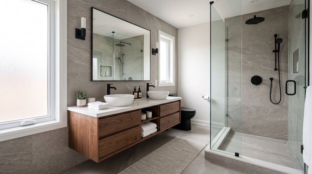 Ensuite Bathroom Renovation GTA Hero Renovated GTA primary ensuite bathroom with floating double vanity, porcelain tile and frameless glass walk-in shower