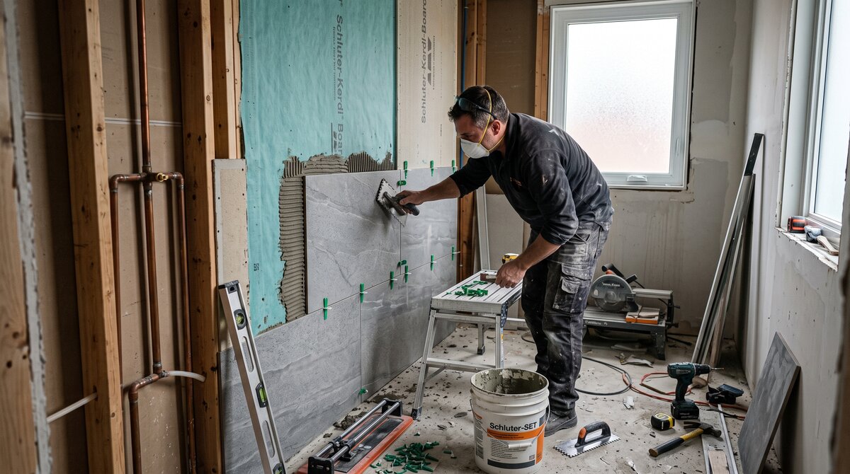 Contractor installing waterproofing membrane and large-format tile in a GTA ensuite shower during renovation