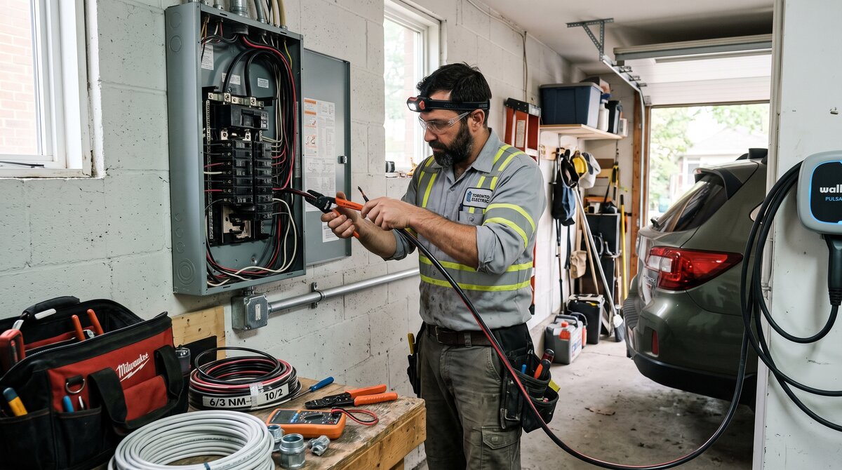 Licensed electrician wiring a 240-volt circuit into a residential electrical panel for an EV charger in a GTA home