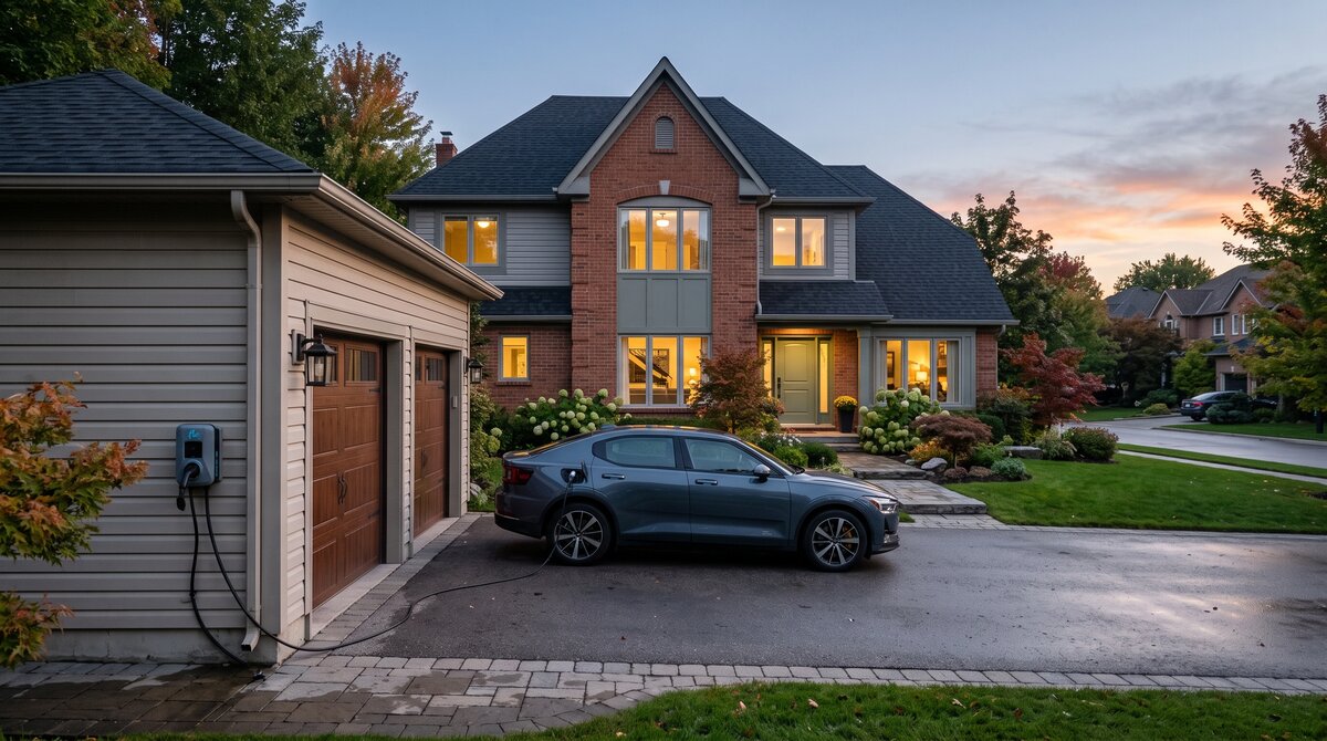 Electric vehicle charging in the driveway of a GTA suburban home at dusk from a wall-mounted charger