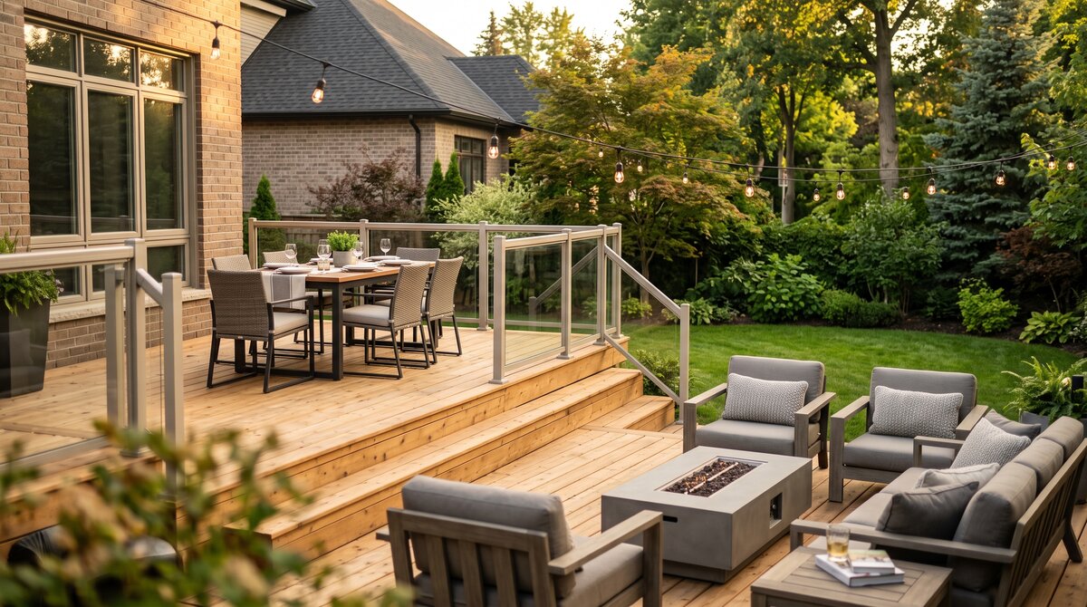 Finished multi-level backyard deck with glass railings, outdoor seating and a dining set on a GTA home