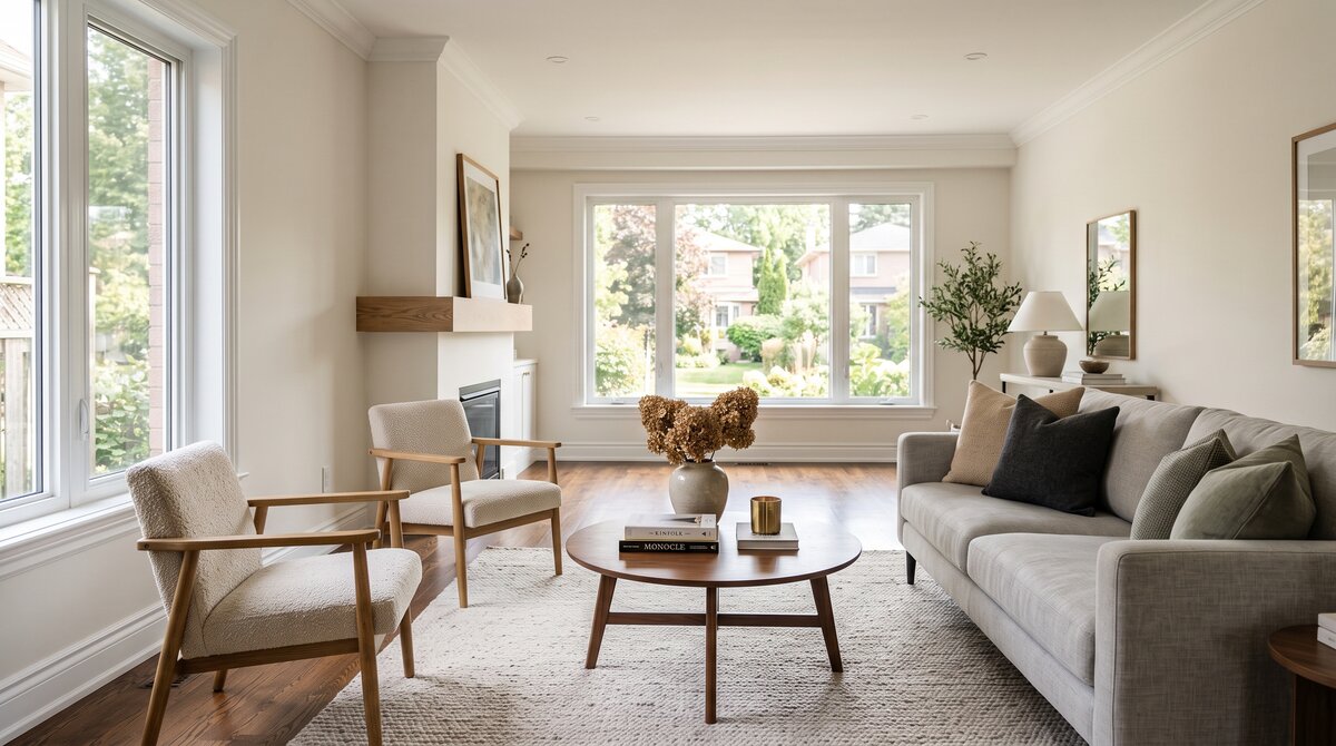 Freshly painted bright modern living room with clean neutral walls and crisp white trim in a GTA home