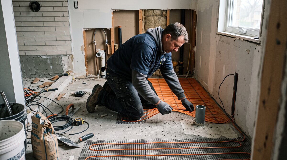 Contractor laying electric radiant floor heating cable over a bathroom subfloor before tiling in a GTA home