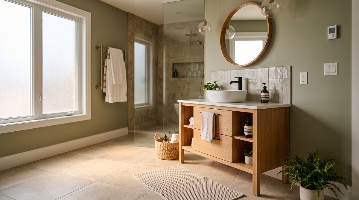 Renovated GTA bathroom with warm large-format tile flooring and soft morning light suggesting underfloor heating