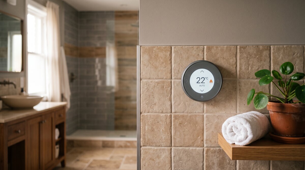 Wall-mounted programmable thermostat controlling a heated bathroom floor in a warm modern GTA bathroom