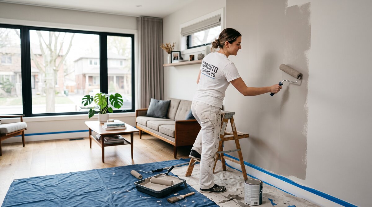 Professional Interior Painting in a GTA Home Professional painter rolling fresh neutral paint onto a wall in a bright GTA living room with drop cloths down