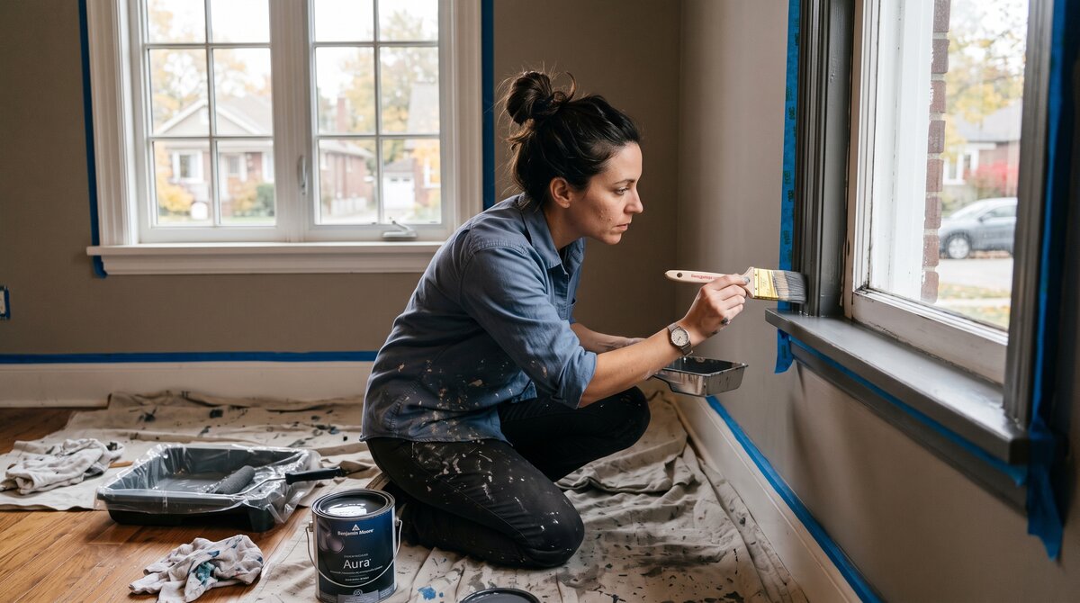 Painter cutting in trim and edges with a brush near a window frame in a GTA home during an interior repaint