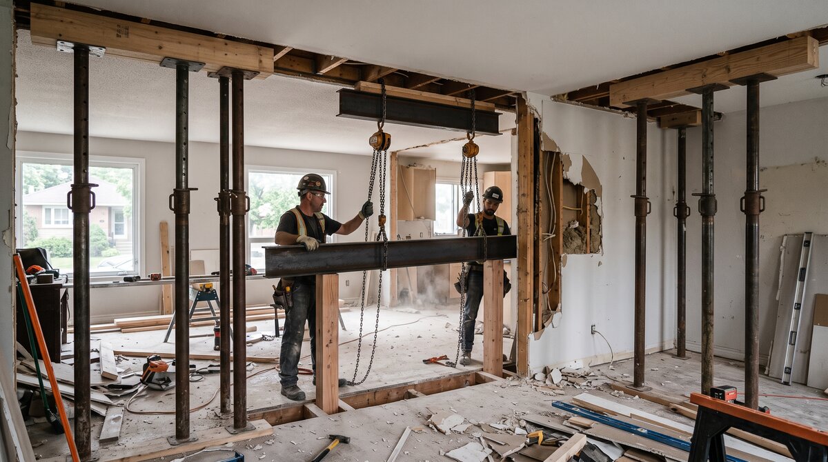 Temporary support posts holding the ceiling while a beam is installed during a GTA load-bearing wall removal