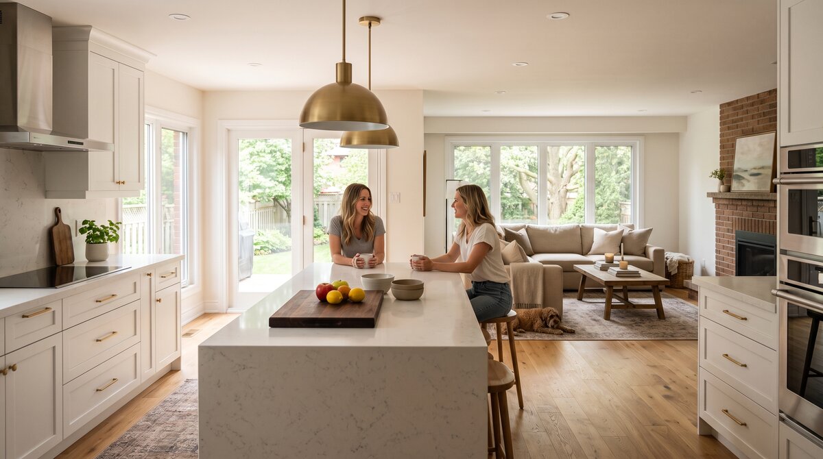 Finished open-concept kitchen and living area in a GTA home after a load-bearing wall was removed