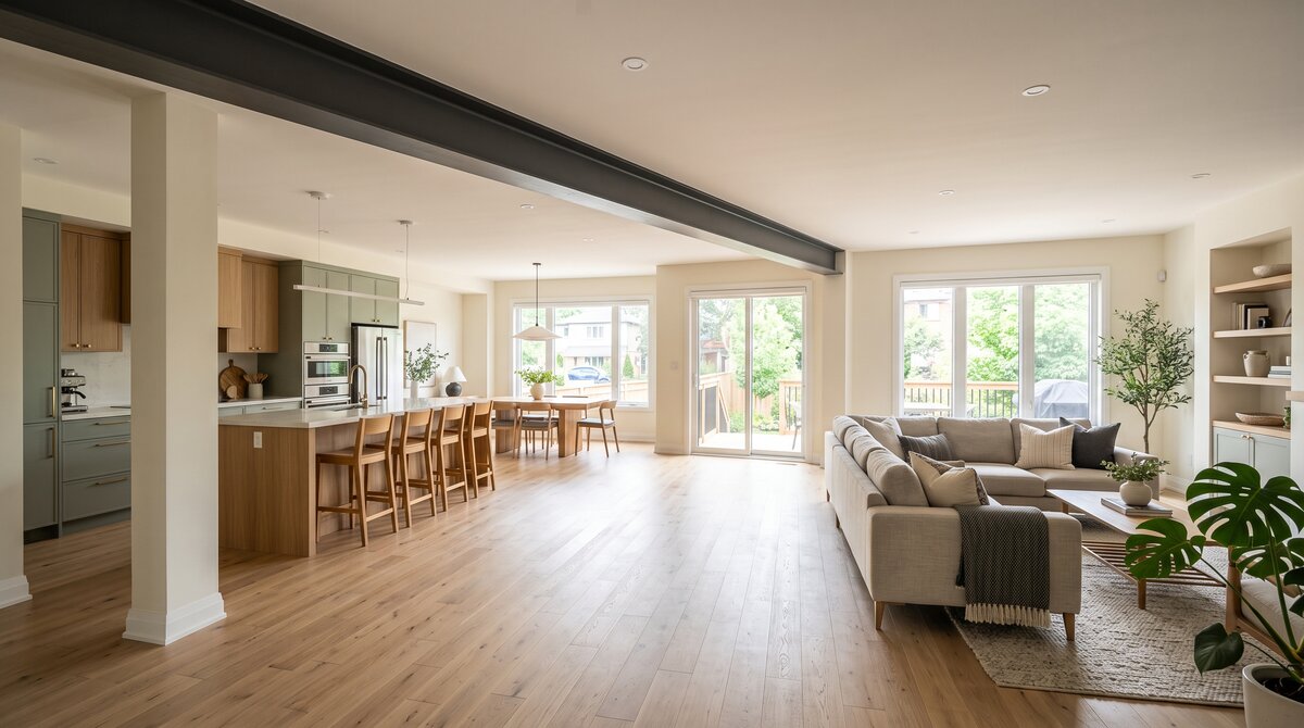 Open-concept GTA main floor with a flush structural beam spanning the ceiling where a load-bearing wall was removed