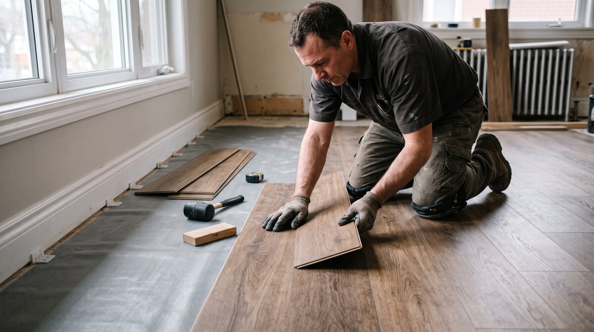 Installer clicking luxury vinyl plank flooring into place over a prepared subfloor in a GTA home