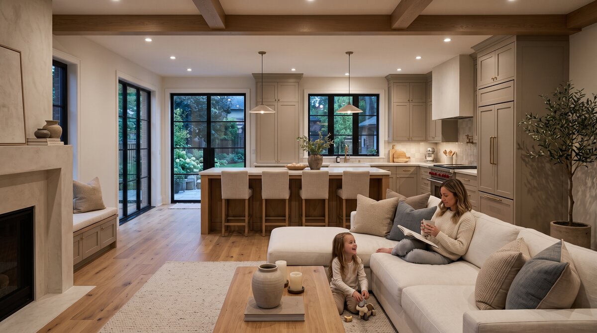Finished open-concept kitchen and living great room in a renovated GTA home with warm evening light