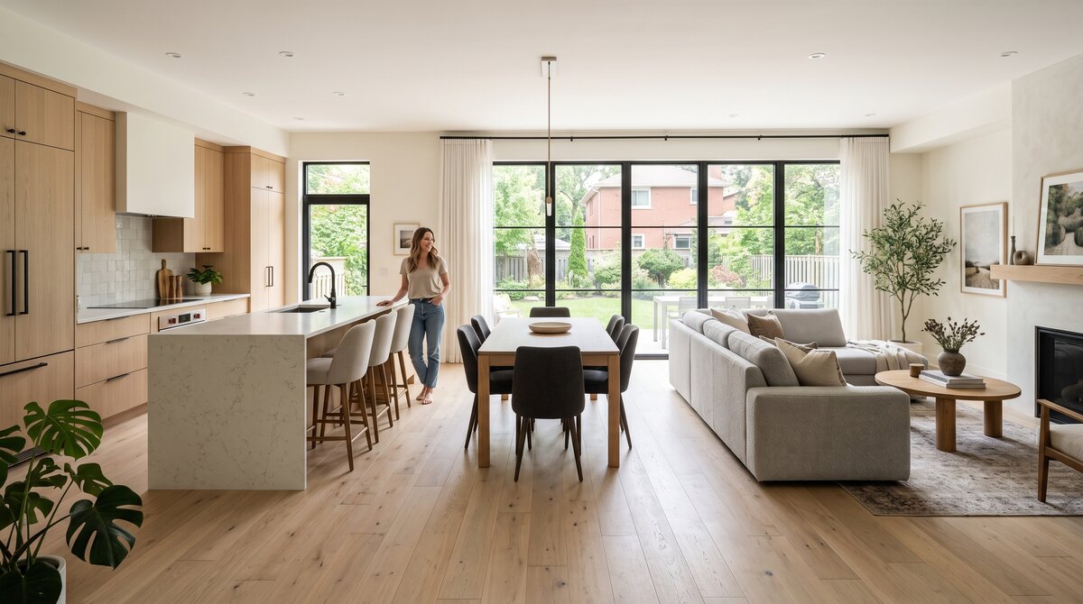 Open-Concept Whole-Home Renovation GTA Renovated open-concept main floor in a GTA home with engineered hardwood and a bright kitchen and living area
