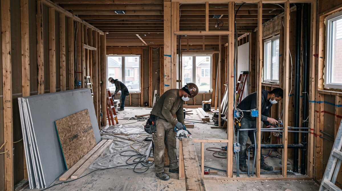GTA home gutted to the wood studs during a whole-home renovation with new electrical and plumbing rough-ins