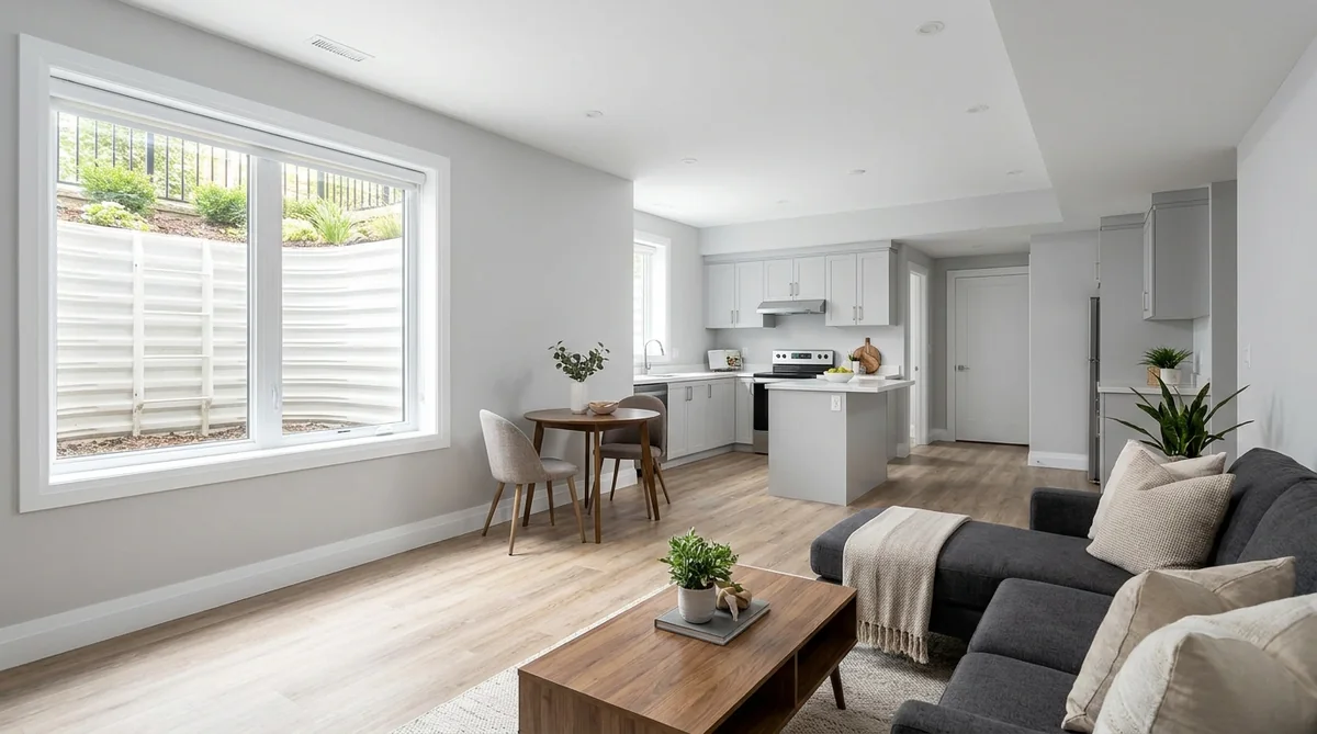 Bright finished basement rental suite in a Toronto home with an egress window, kitchenette and living area