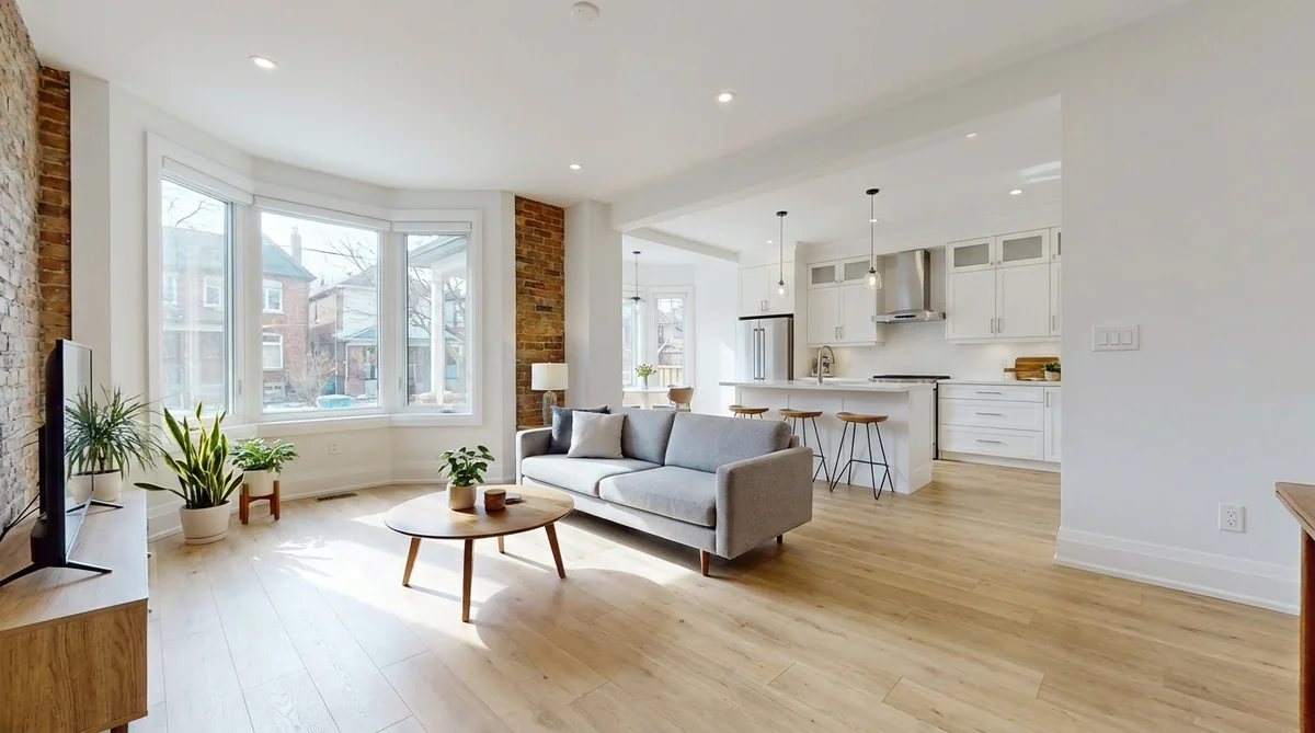 Bright finished open-concept rental apartment interior inside a converted Toronto fourplex with wood floors