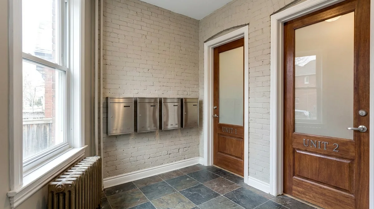 Converted fourplex entrance vestibule with four mailboxes and separate labelled unit doors in a Toronto house