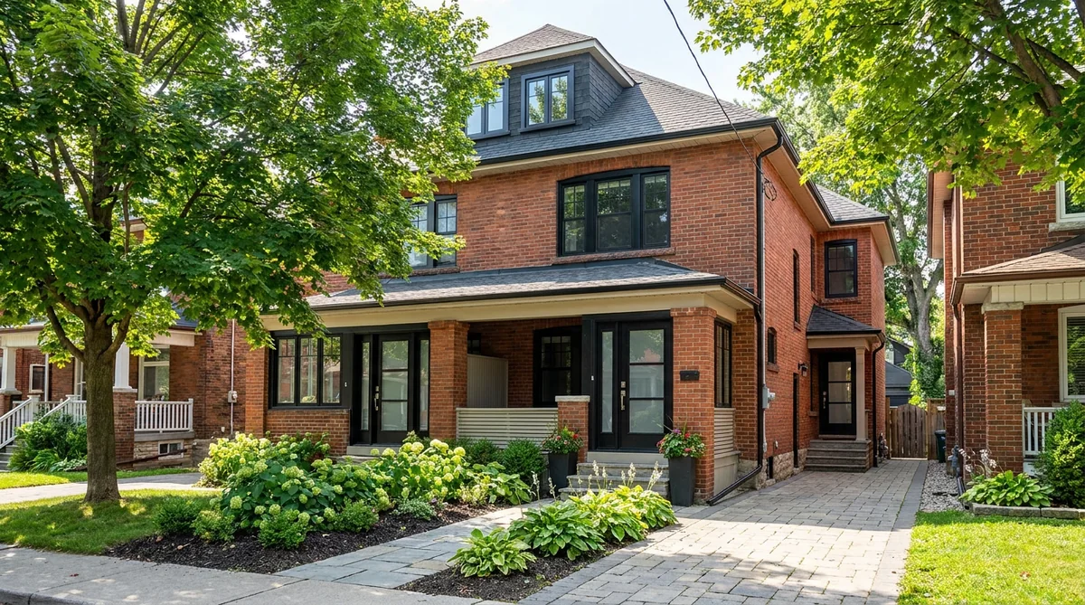 Classic red-brick Toronto house converted into a fourplex with two front entrances and a side entrance