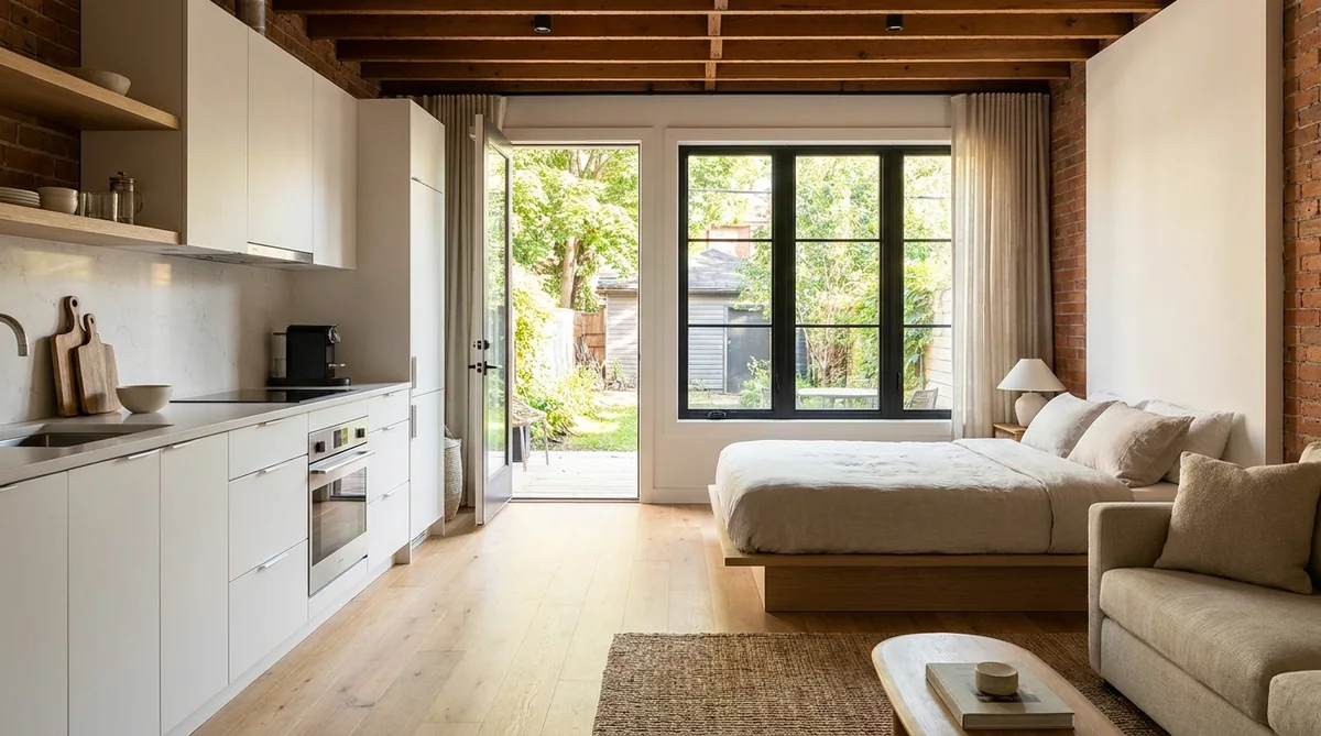 Detached garage converted into a modern studio rental suite in Toronto with a kitchenette, bed and glass door to the yard