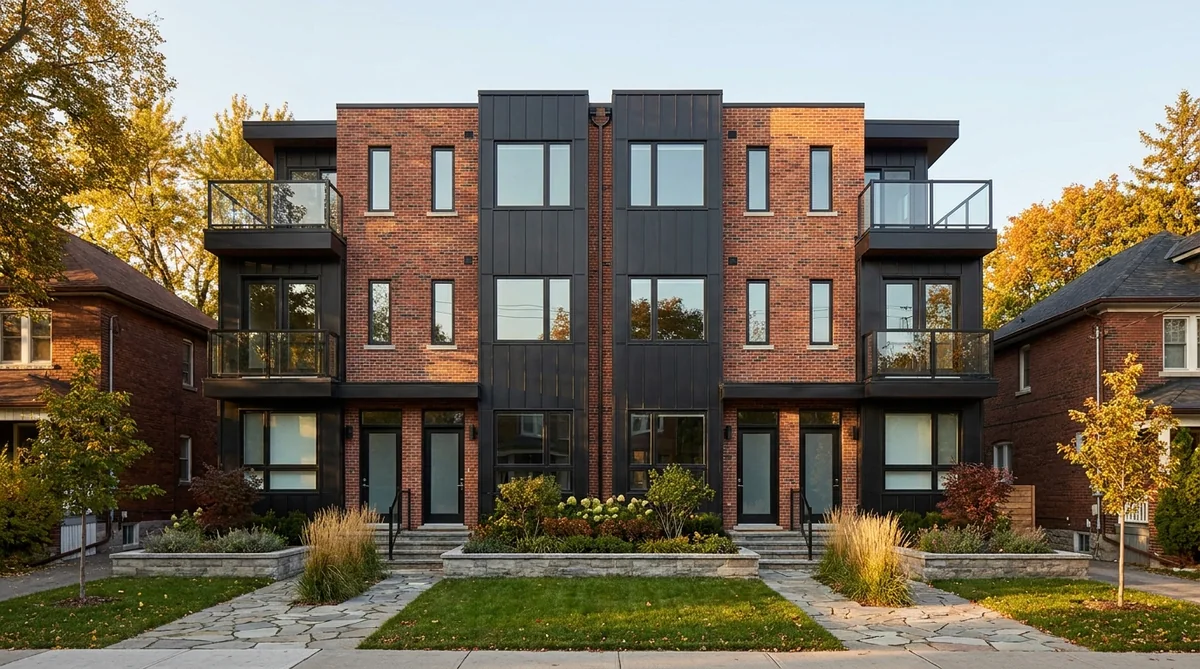 Newly built modern brick and black metal fourplex in a Toronto neighbourhood with four separate entrances