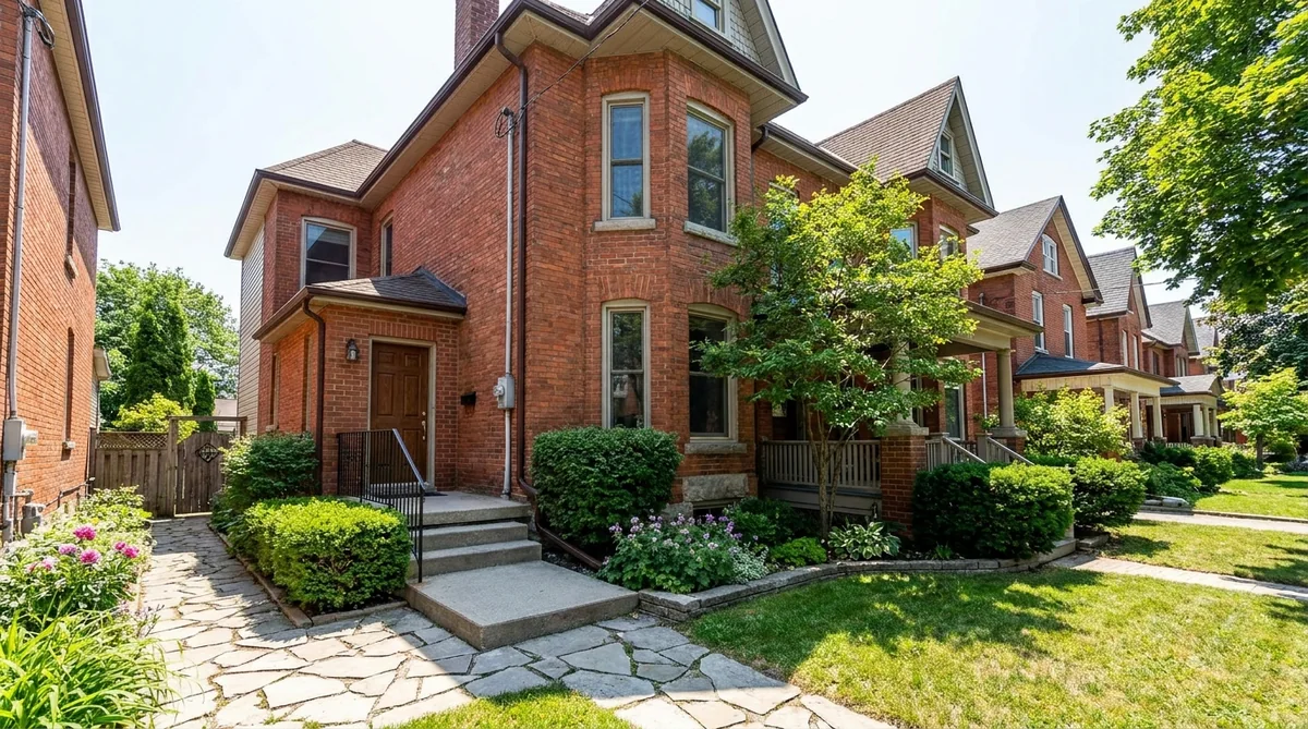 Separate private side entrance with steps and railing to a rental suite in a Toronto brick house