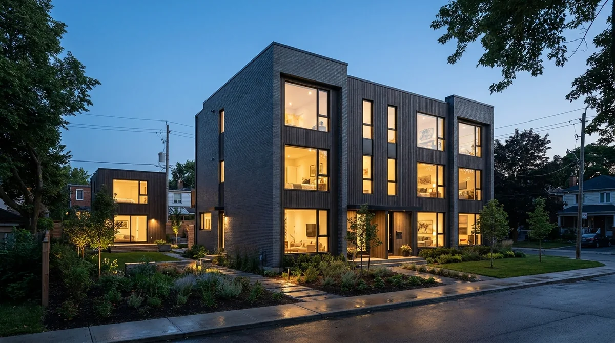 Modern three-storey Toronto fourplex with lit windows and a lit garden suite in the backyard at dusk
