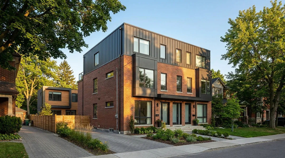Toronto 4+1 fourplex with backyard garden suite Modern three-storey Toronto 4+1 fourplex with a two-storey garden suite in the backyard on one residential lot