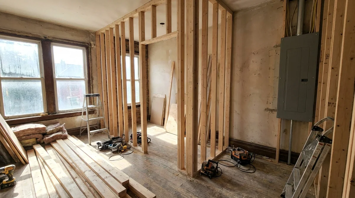 Interior of a Toronto house being converted into apartments, showing new stud wall framing and a new electrical panel