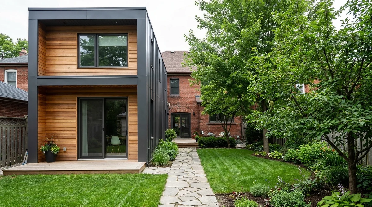 Two-storey modern garden suite behind a Toronto home with a one-metre stone fire-access path leading from the house