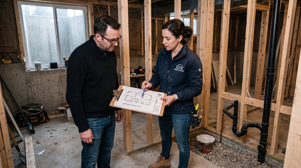 Contractor and homeowner reviewing a basement bathroom addition floor plan in a partially framed GTA basement
