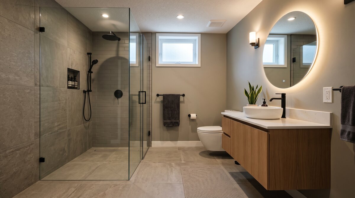 Finished basement bathroom addition in a GTA home with a glass walk-in shower, floating vanity and porcelain tile