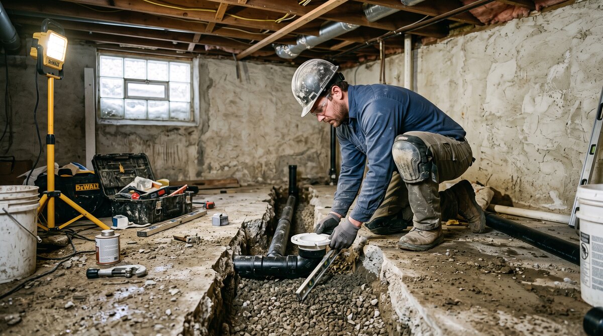 Plumber installing ABS drain pipe in a saw-cut concrete trench for a basement bathroom addition in a Canadian home