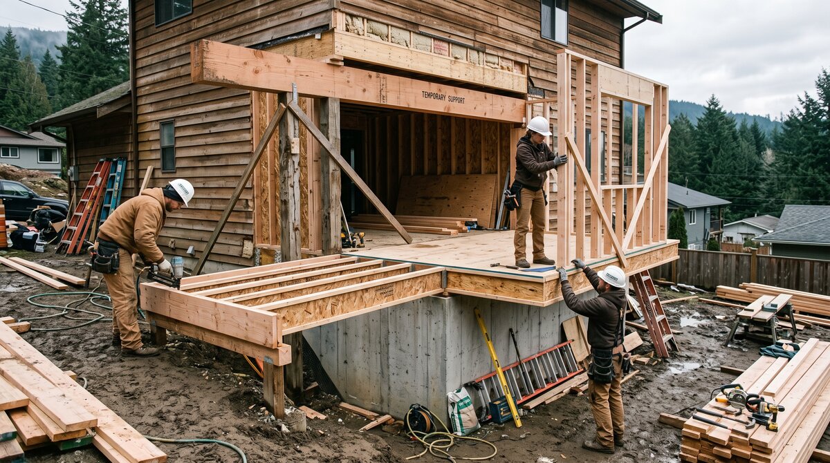 Carpenters framing a cantilevered bump-out addition with floor joists extending past the foundation wall of a Canadian house