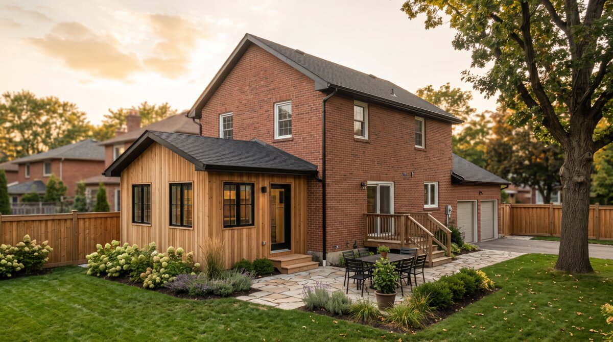 Rear of a brick GTA home with a newly built bump-out addition extending from the kitchen wall under a shed roof