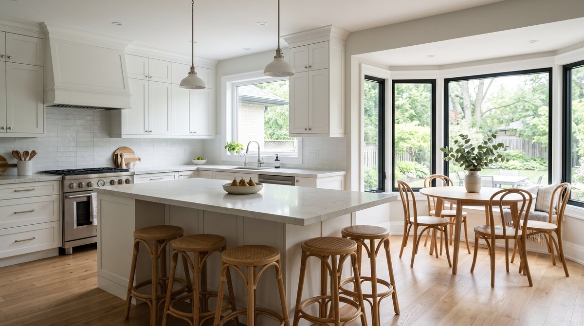 Renovated GTA kitchen with a large island and breakfast nook made possible by a bump-out addition