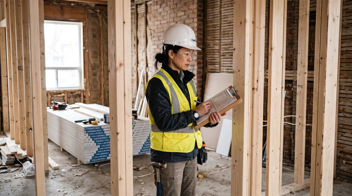 Building inspector reviewing new framing in a GTA home renovation under the 2024 Ontario Building Code changes