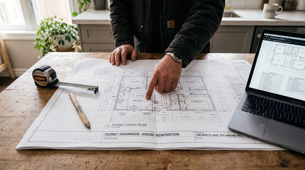 Contractor reviewing renovation permit drawings prepared to the current Ontario Building Code at a GTA kitchen table
