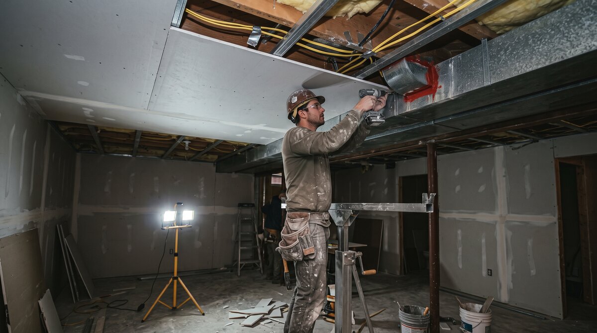 Installer fitting 5/8-inch Type X drywall on a basement apartment ceiling to form a smoke-tight barrier under Ontario Building Code changes
