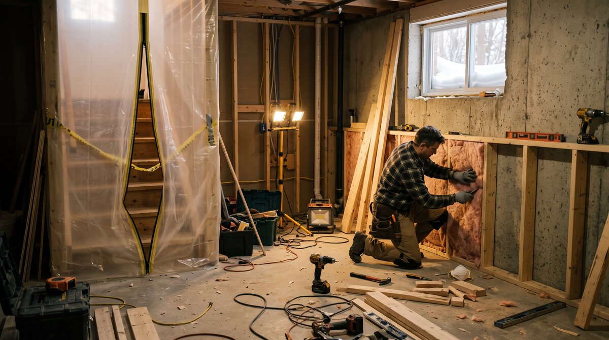 Carpenter insulating and framing a basement wall during a winter renovation in a Canadian home with snow outside the window