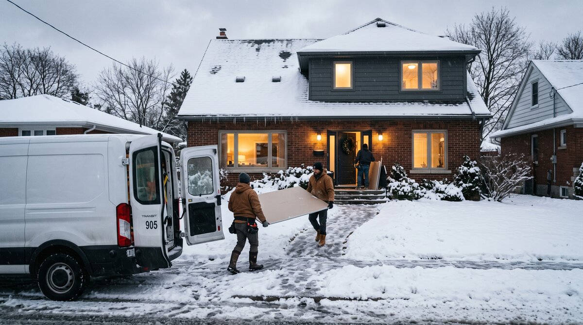 Renovation crew carrying drywall into a snow-covered GTA home during a winter renovation